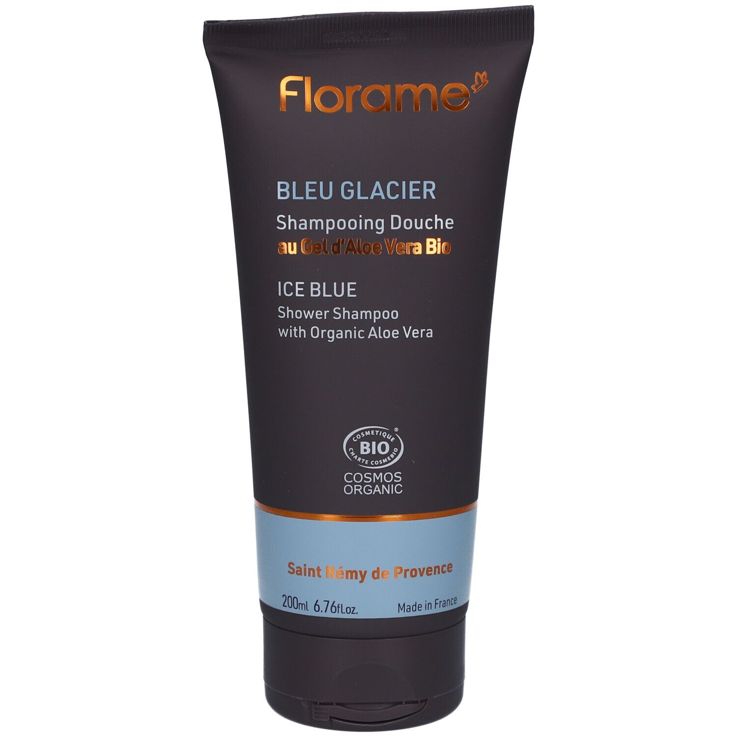 Donkerblauwe tube met productnaam en logo. Tekst: Bleu Glacier, Ice Blue, bio-certificering. Zwarte dop.