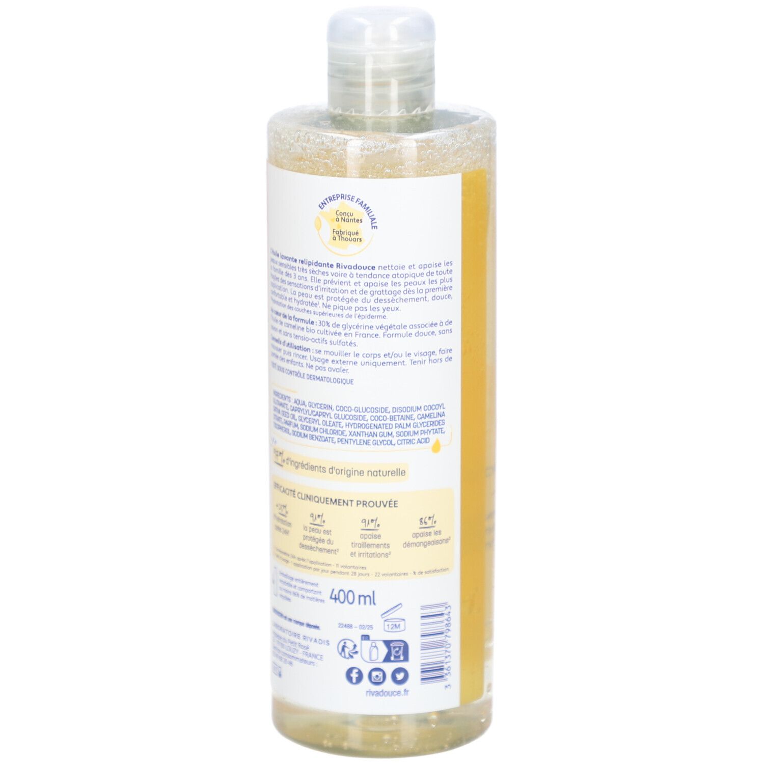 Achterkant van een gele fles. Tekst: Rivadouce, Huile lavante relipidante. Ingrediënten, instructies en certificeringen zichtbaar.