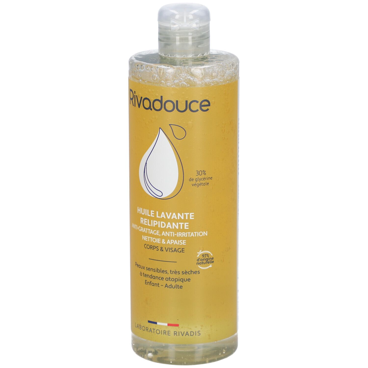 Gele fles met witte dop. Opschrift: Rivadouce, Huile lavante relipidante, Anti-irritatie, Corps & Visage. Voor gevoelige huid.