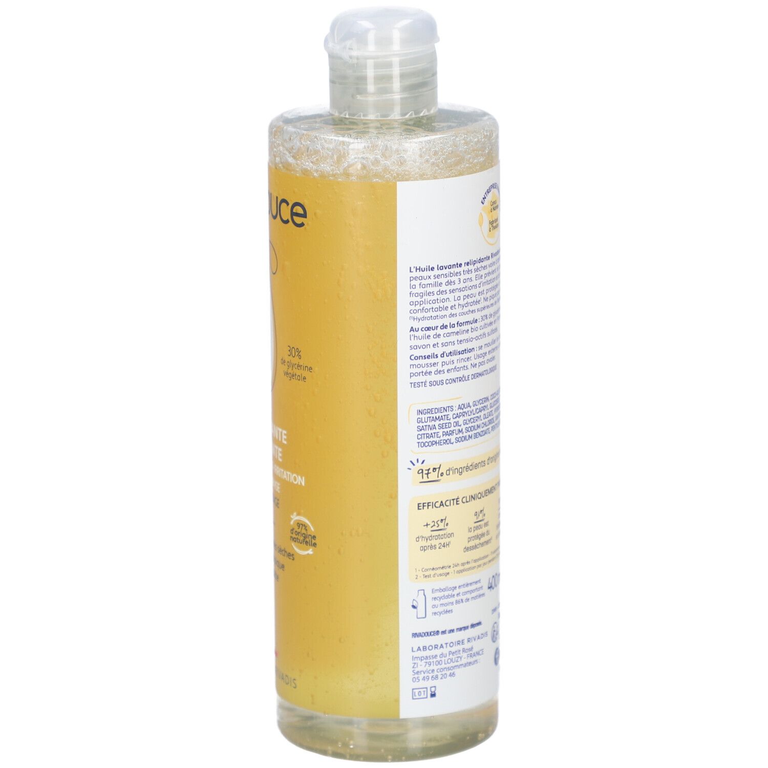 Achterkant van een gele fles. Tekst: Rivadouce, Huile lavante relipidante. Ingrediënten, instructies en certificeringen zichtbaar.