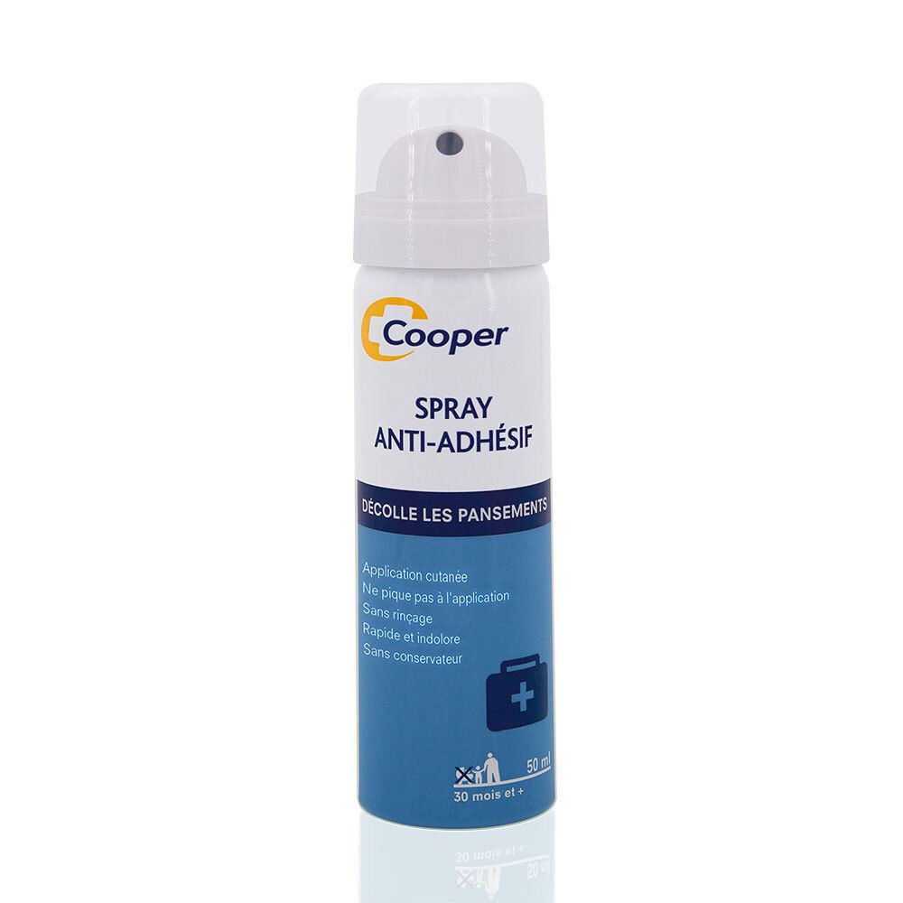 Witte en blauwe sprayfles. Opschrift: Cooper, Spray Anti-Adhésif. Verwijdert pleisters. Met sproeikop.