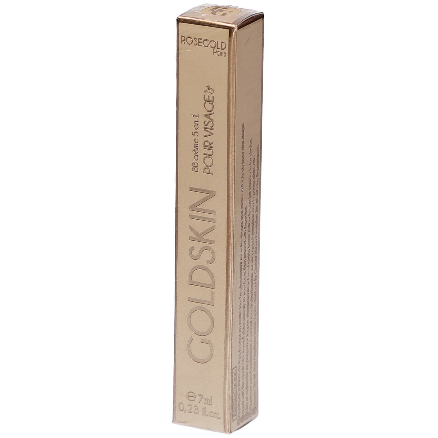 Emballage Goldskin doré, rectangulaire. Inscriptions: ROSEGOLD, GOLDSKIN, BB crème 5 en 1 POUR VISAGE, 7ml.