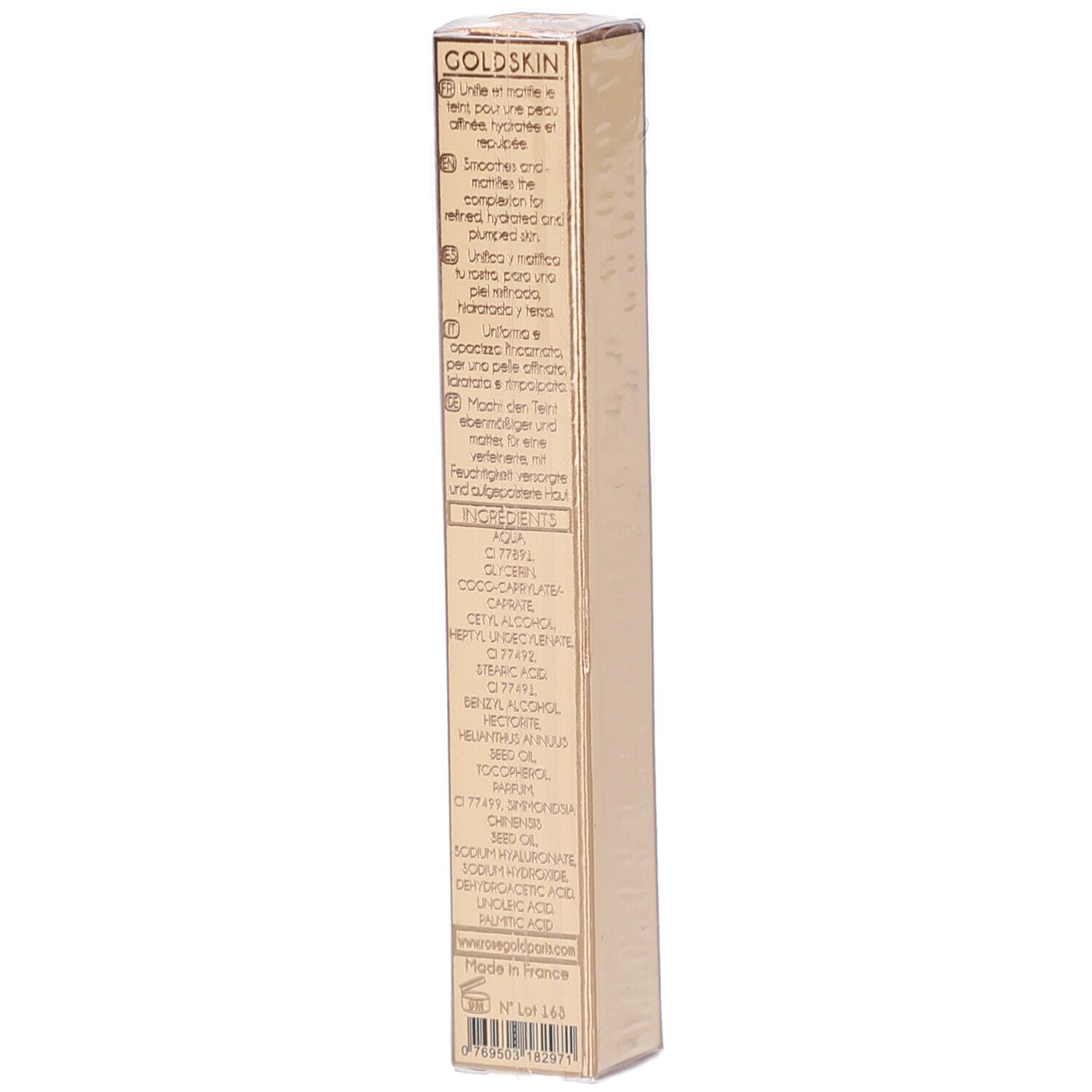 Emballage Goldskin doré, rectangulaire. Verso avec ingrédients et instructions en plusieurs langues.