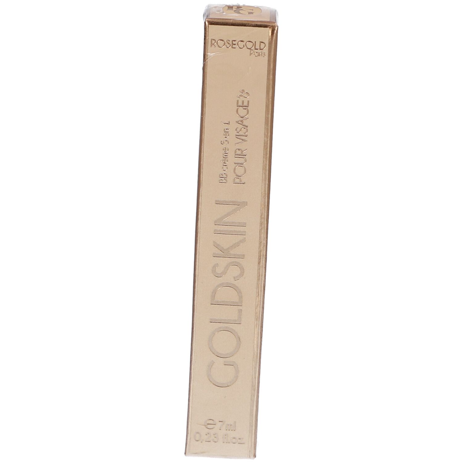 Emballage Goldskin doré, rectangulaire. Inscriptions: ROSEGOLD, GOLDSKIN, BB crème 5 en 1 POUR VISAGE, 7ml.