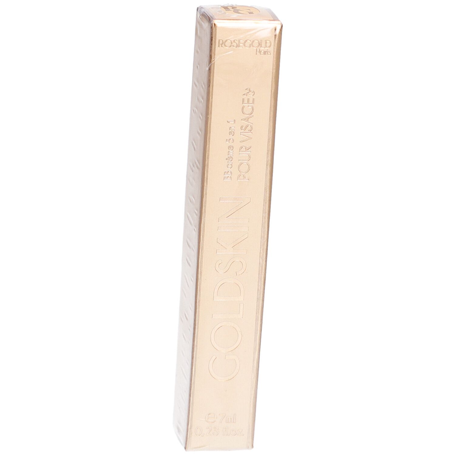 Emballage Goldskin doré, rectangulaire, sous film plastique. Inscriptions: ROSEGOLD, BB crème 5 en 1 POUR VISAGE, 7ml.