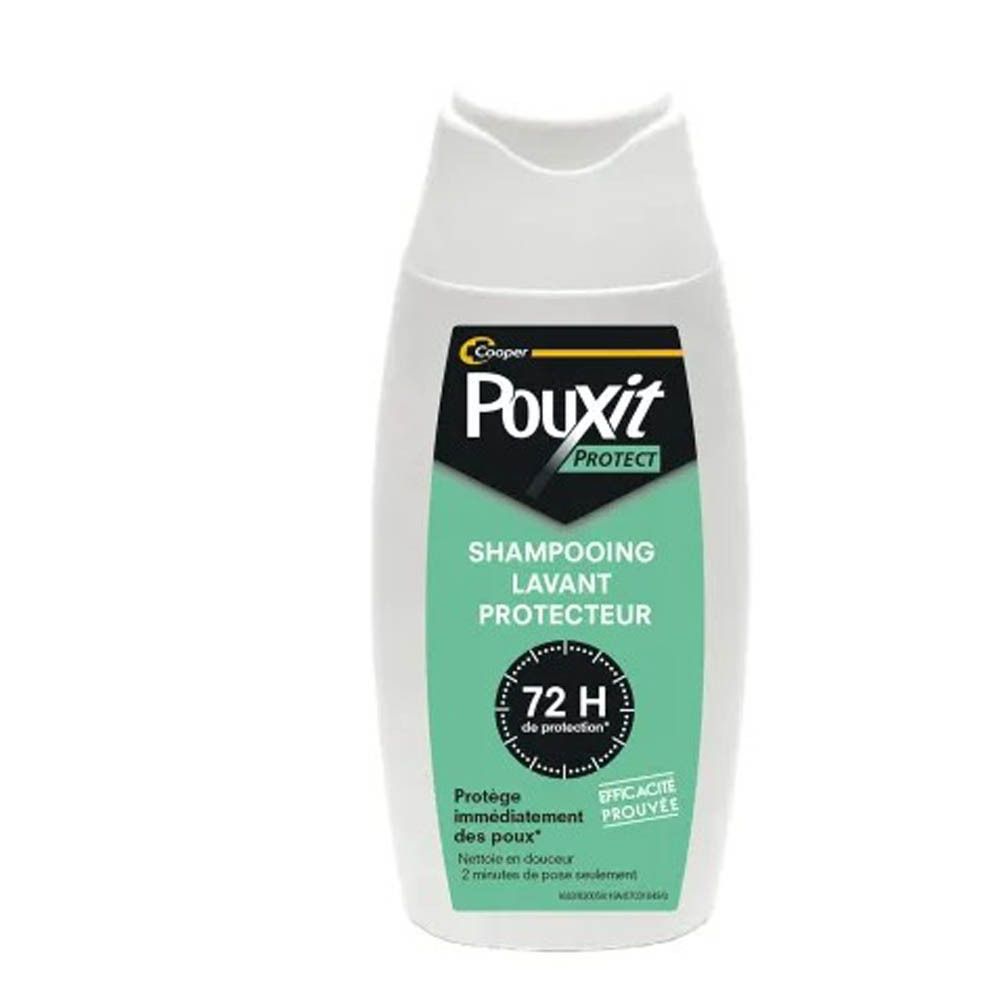 Witte fles met groen etiket. Opschrift: Pouxit Protect Shampooing Lavant Protecteur. 72 uur bescherming.