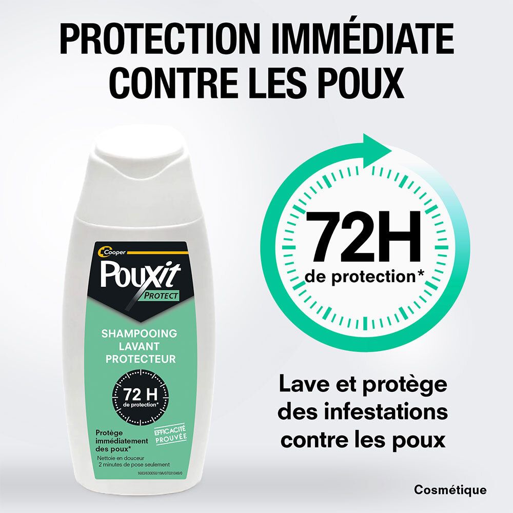 Fles naast tekst: PROTECTION IMMÉDIATE CONTRE LES POUX. 72H de protection. Lave et protège des infestations contre les poux.