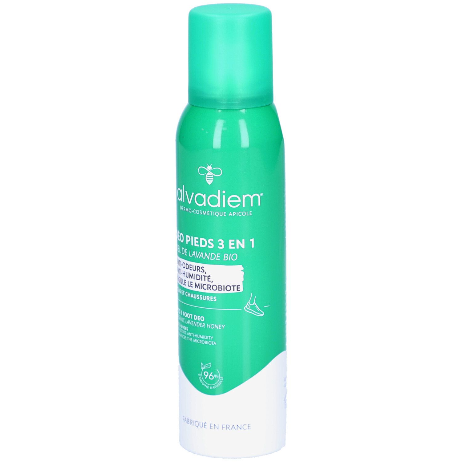 Groene spuitfles met witte bodem. Opschrift: ALVADIEM, DÉO PIEDS 3 EN 1, Miel de Lavande Bio. Bevat anti-geur, anti-vocht.