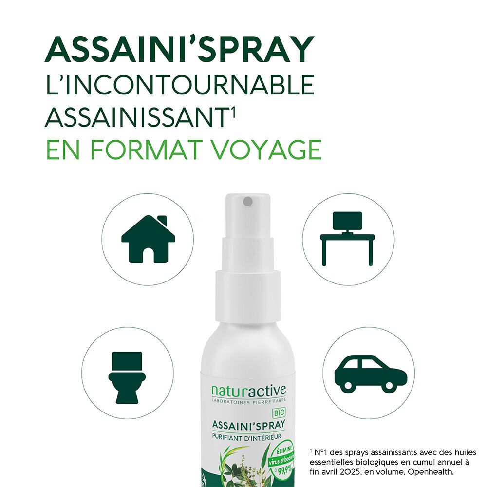 Flacon spray blanc. Texte: ASSAINI'SPRAY, L'incontournable assainissant, En format voyage. Symboles: maison, toilette, ordinateur, voiture.