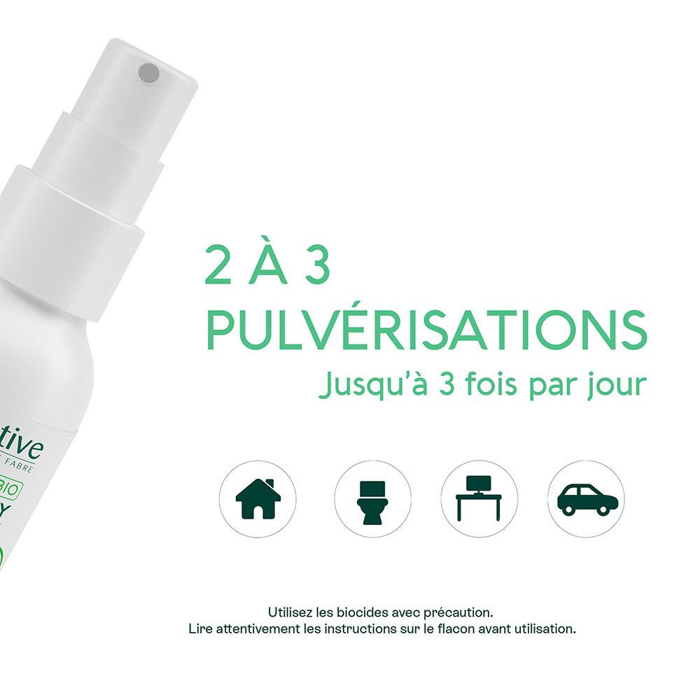 Flacon spray blanc. Texte: 2 à 3 pulvérisations, jusqu'à 3 fois par jour. Symboles: maison, toilette, ordinateur, voiture.