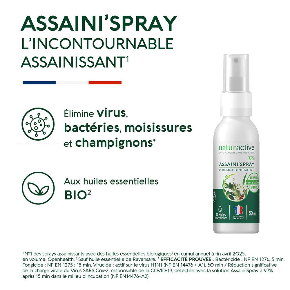 Flacon spray blanc. Texte: ASSAINI'SPRAY, L'incontournable assainissant. Élimine virus, bactéries, moisissures et champignons. BIO.