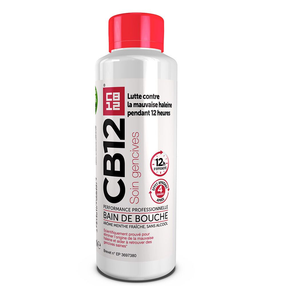 Bain de bouche CB12, flacon blanc, bouchon rouge. Texte: CB12, Soin gencives, Bain de Bouche. Effet 12 heures.