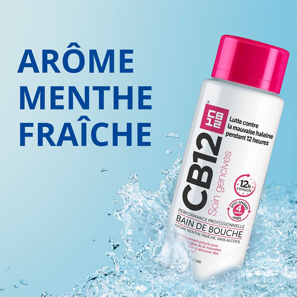 Bain de bouche CB12, flacon blanc, bouchon rouge. Texte: Arôme menthe fraîche. Effet 12 heures.