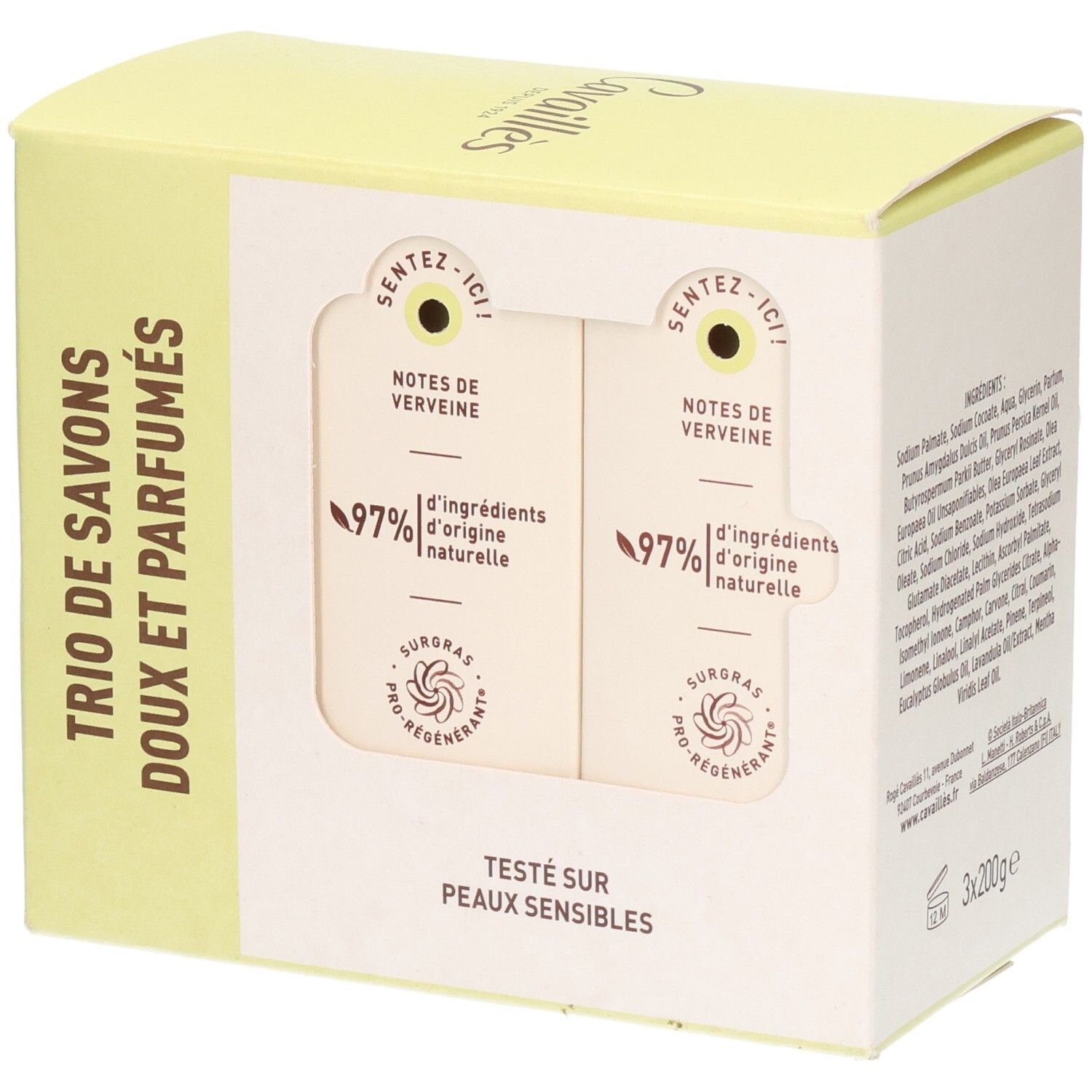 Boîte de trois savons. Fenêtre révélant deux savons. Texte: Trio de Savons Doux et Parfumés. Testé sur peaux sensibles.