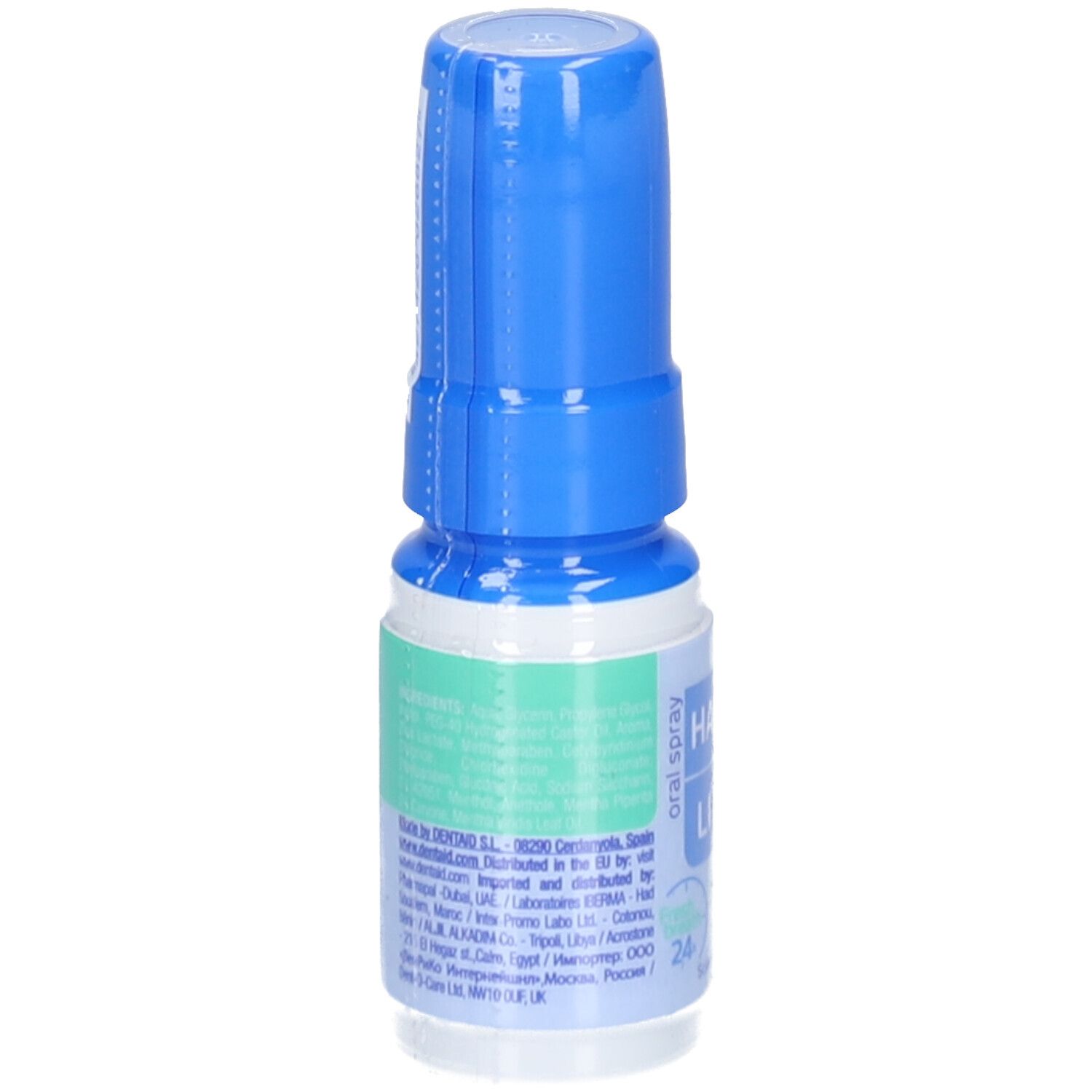 Spray buccal avec bouchon bleu. Inscription: HALITA, spray buccal. Texte avec informations fabricant.