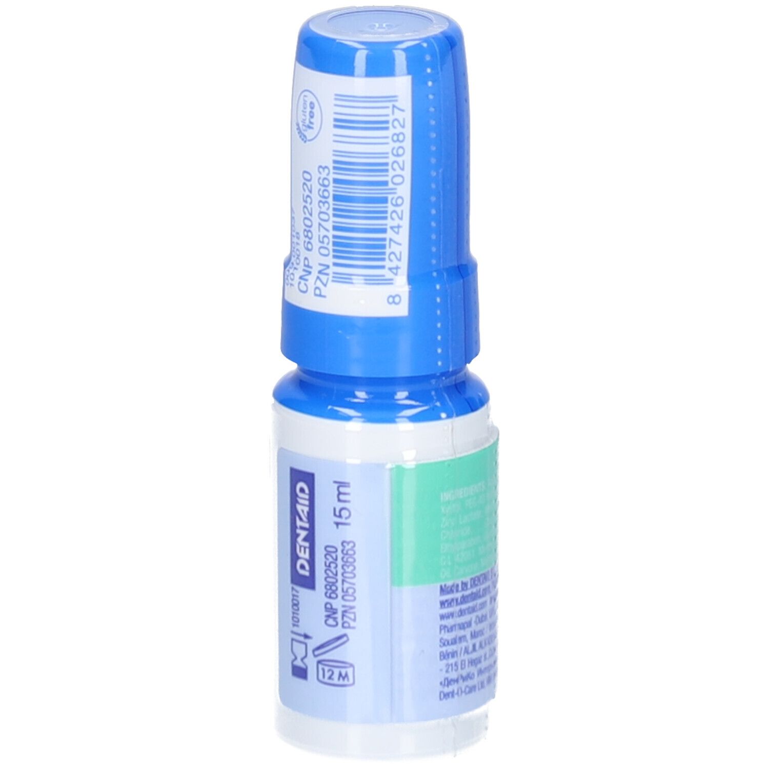 Spray buccal avec bouchon bleu. Inscription: DENTAID, 15 ml. Code-barres et autres informations.