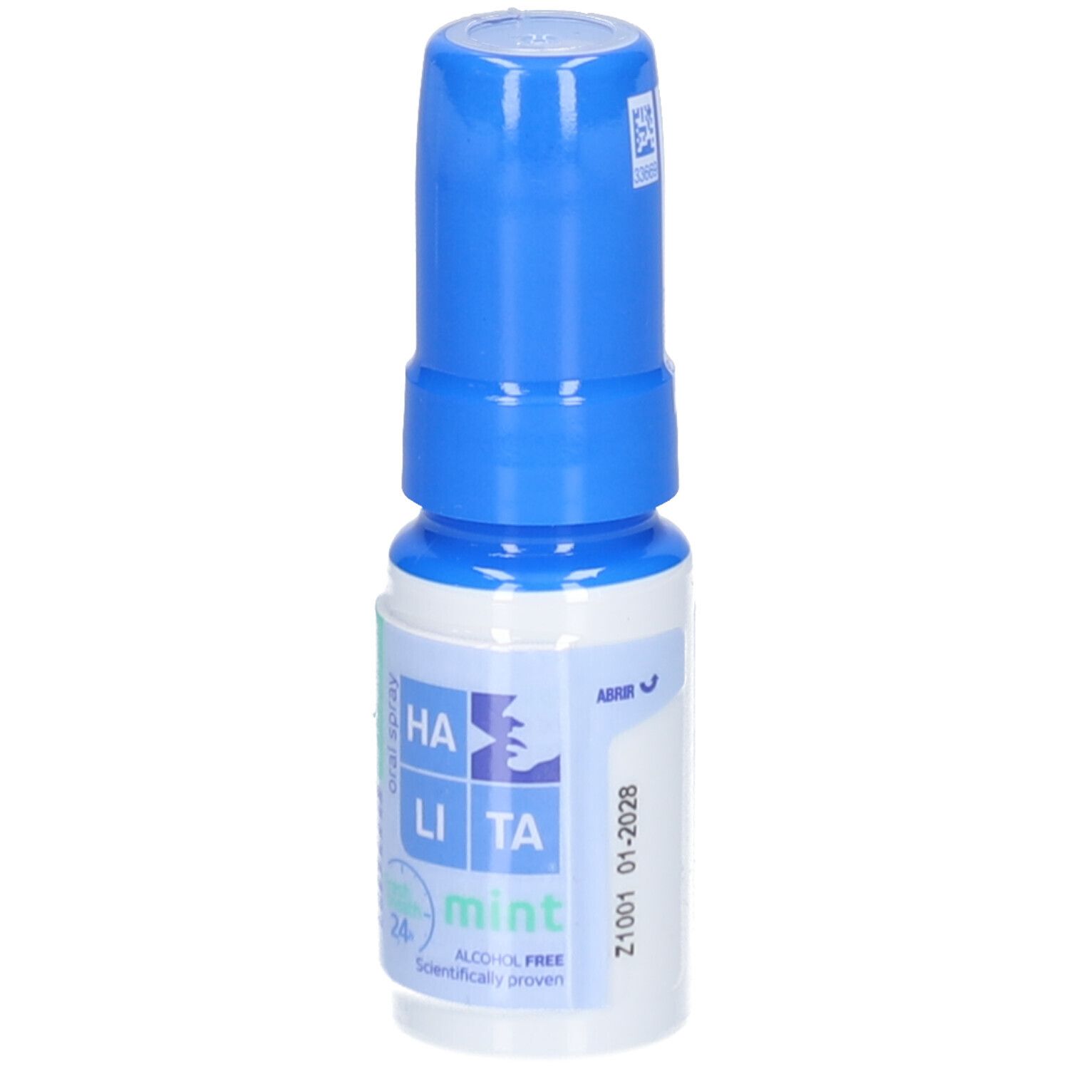 Spray buccal avec bouchon bleu. Inscription: HALITA, menthe, protection 24h, sans alcool. Avec indication d'ouverture.