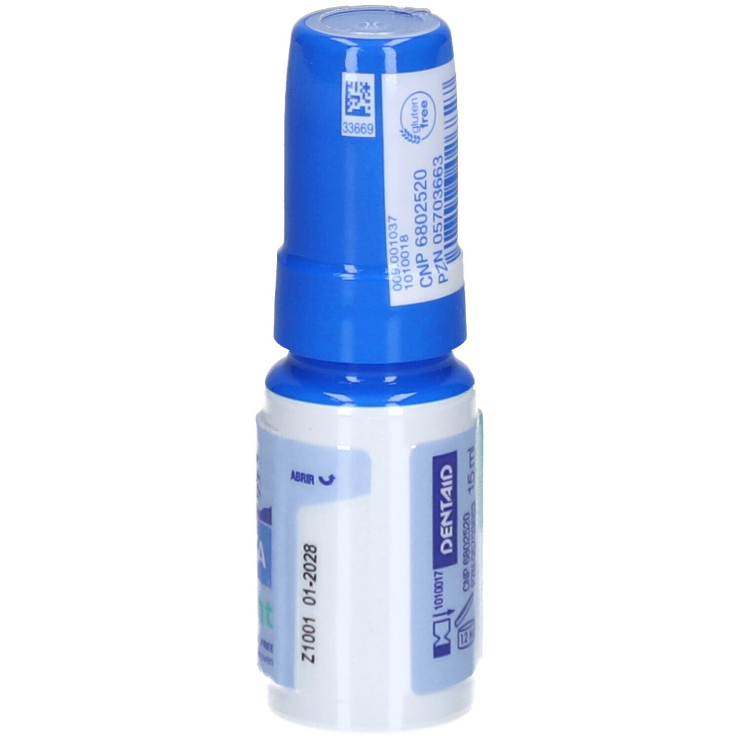 Spray buccal avec bouchon bleu. Inscription: DENTAID, 15 ml. Avec indication d'ouverture et date de péremption.