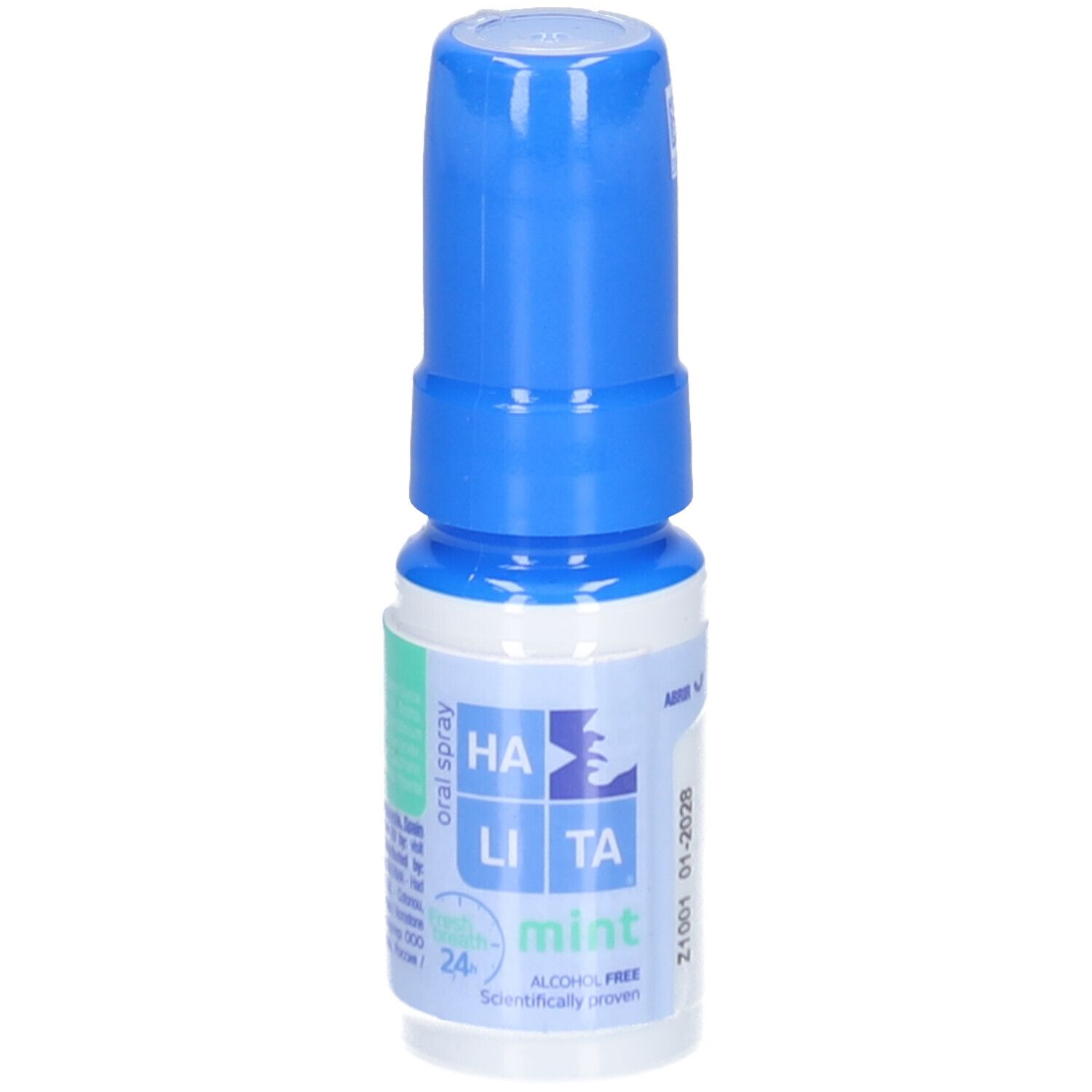 Spray buccal avec bouchon bleu. Inscription: HALITA, menthe, protection 24h, sans alcool.