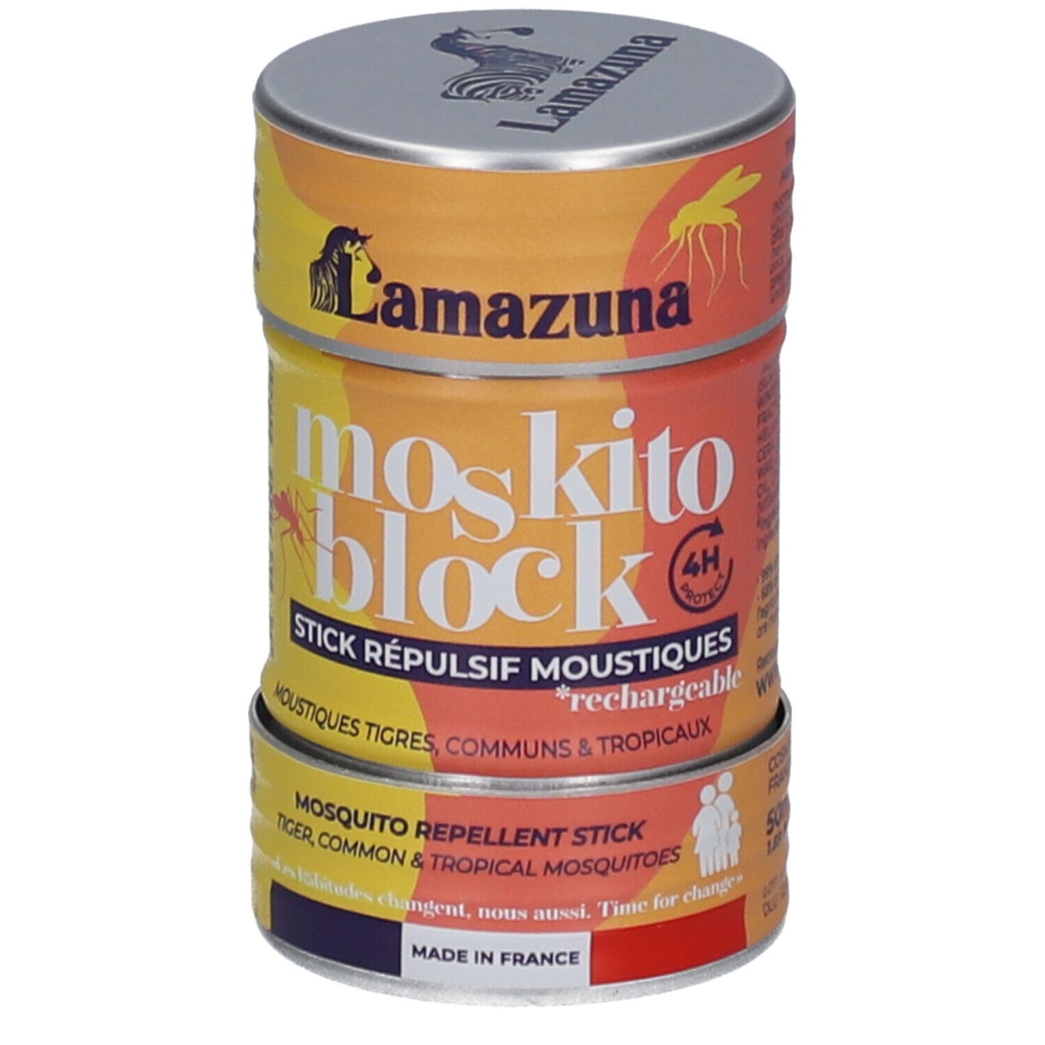 Boîte cylindrique "Moskito Block". Contient un stick répulsif anti-moustiques. Marque "Lamazuna".