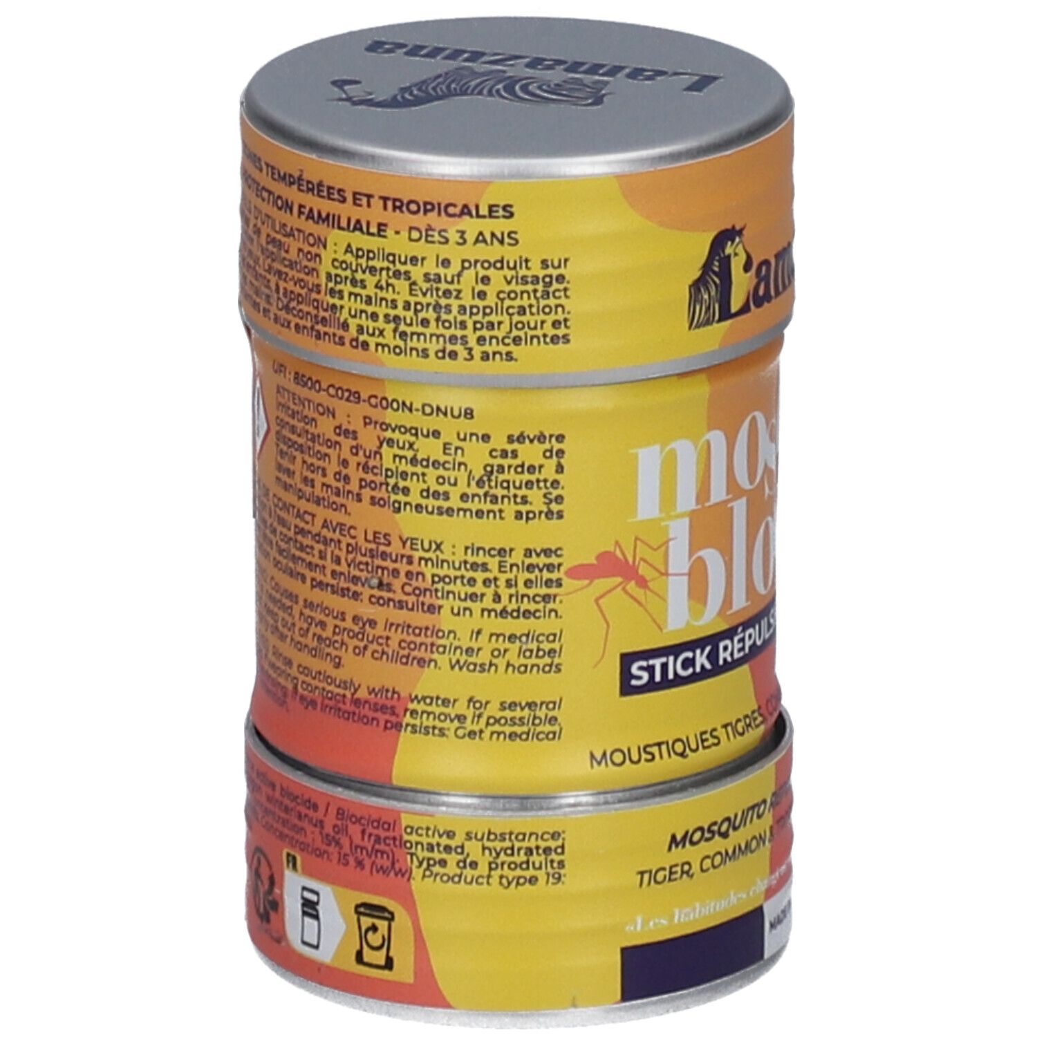 Boîte cylindrique "Moskito Block". Contient un stick répulsif anti-moustiques. Texte au dos.