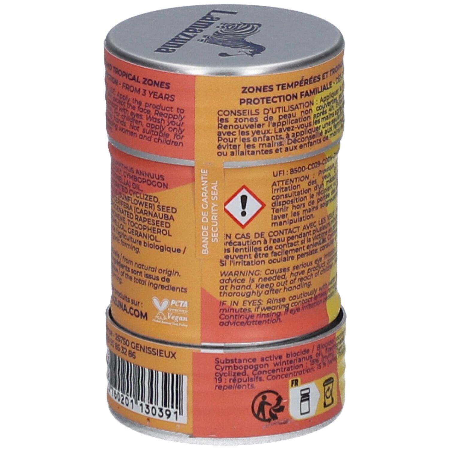 Boîte cylindrique "Moskito Block". Contient un stick répulsif anti-moustiques. Texte et ingrédients au dos.