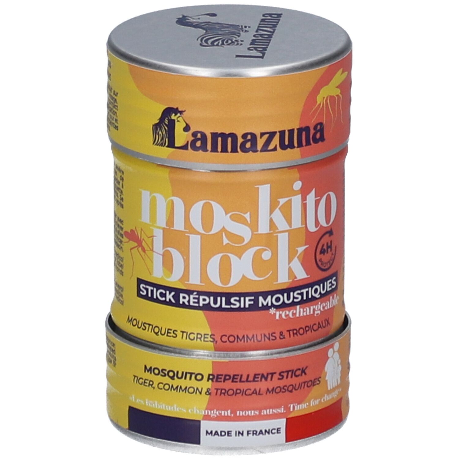 Boîte cylindrique "Moskito Block". Contient un stick répulsif anti-moustiques. Marque "Lamazuna".