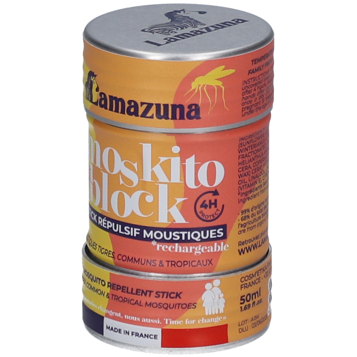 Boîte cylindrique "Moskito Block". Contient un stick répulsif anti-moustiques. Inscription "50ml".