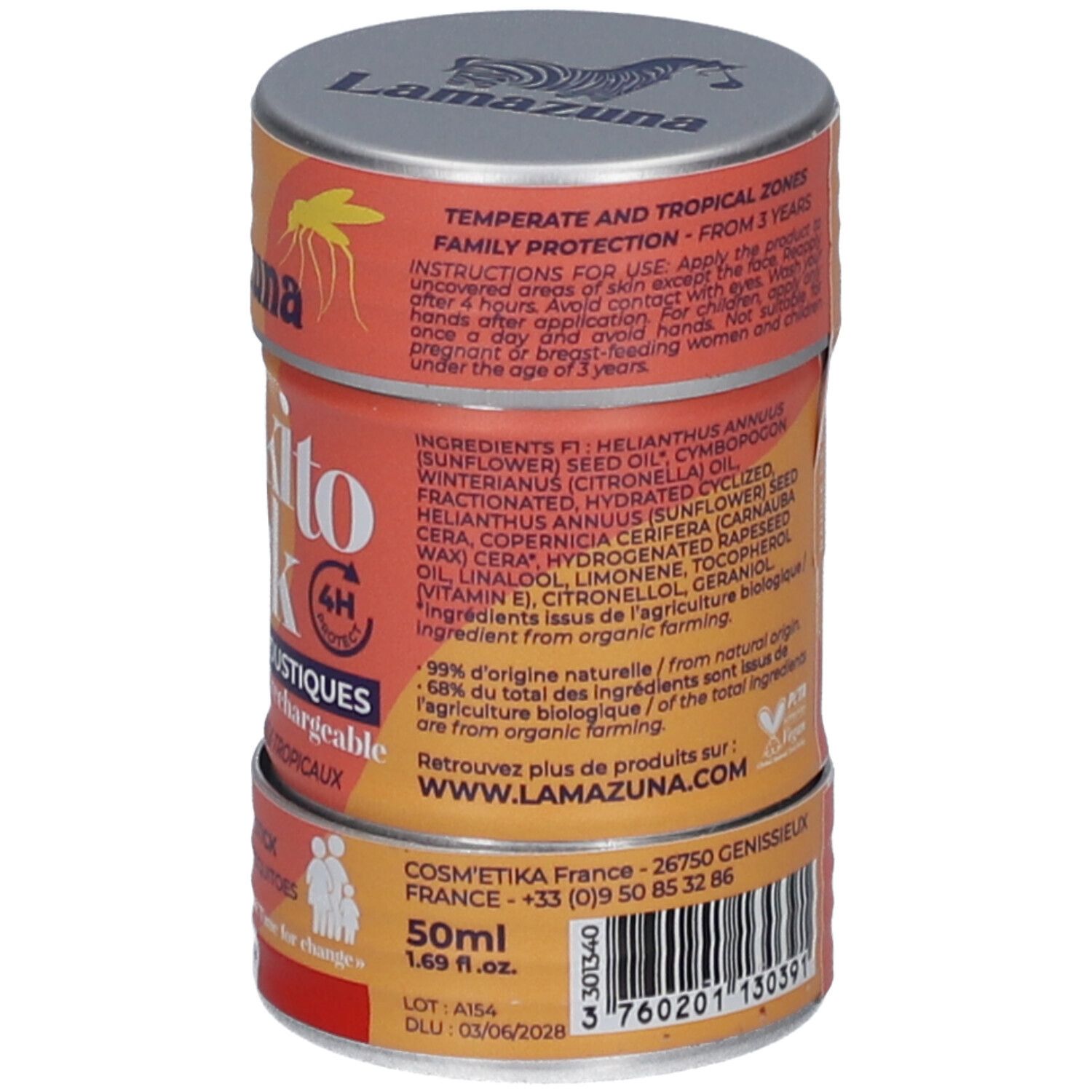 Boîte cylindrique "Moskito Block". Contient un stick répulsif anti-moustiques. Texte et ingrédients au dos. "50ml".