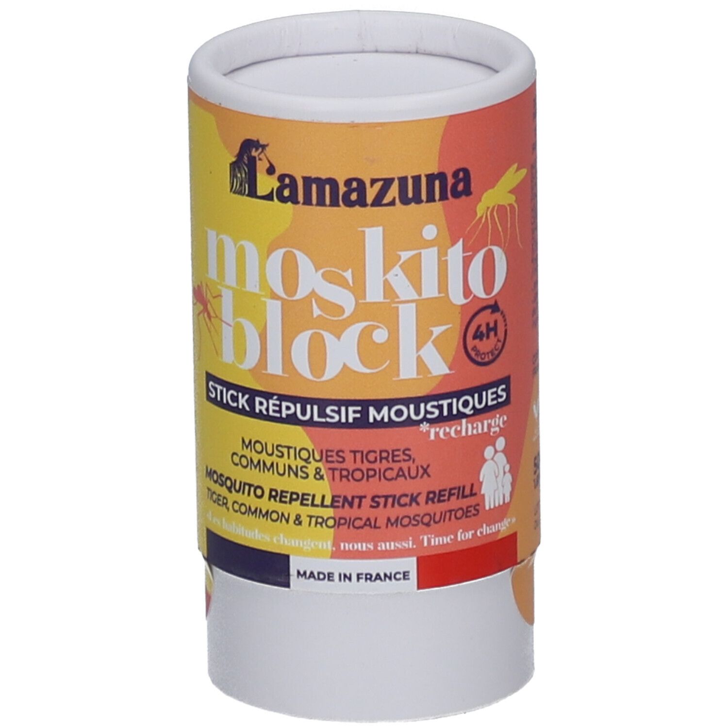 Emballage cylindrique avec nom de produit et de marque. Contient du texte en français et en anglais. Avec des couleurs rouge, jaune et blanc.