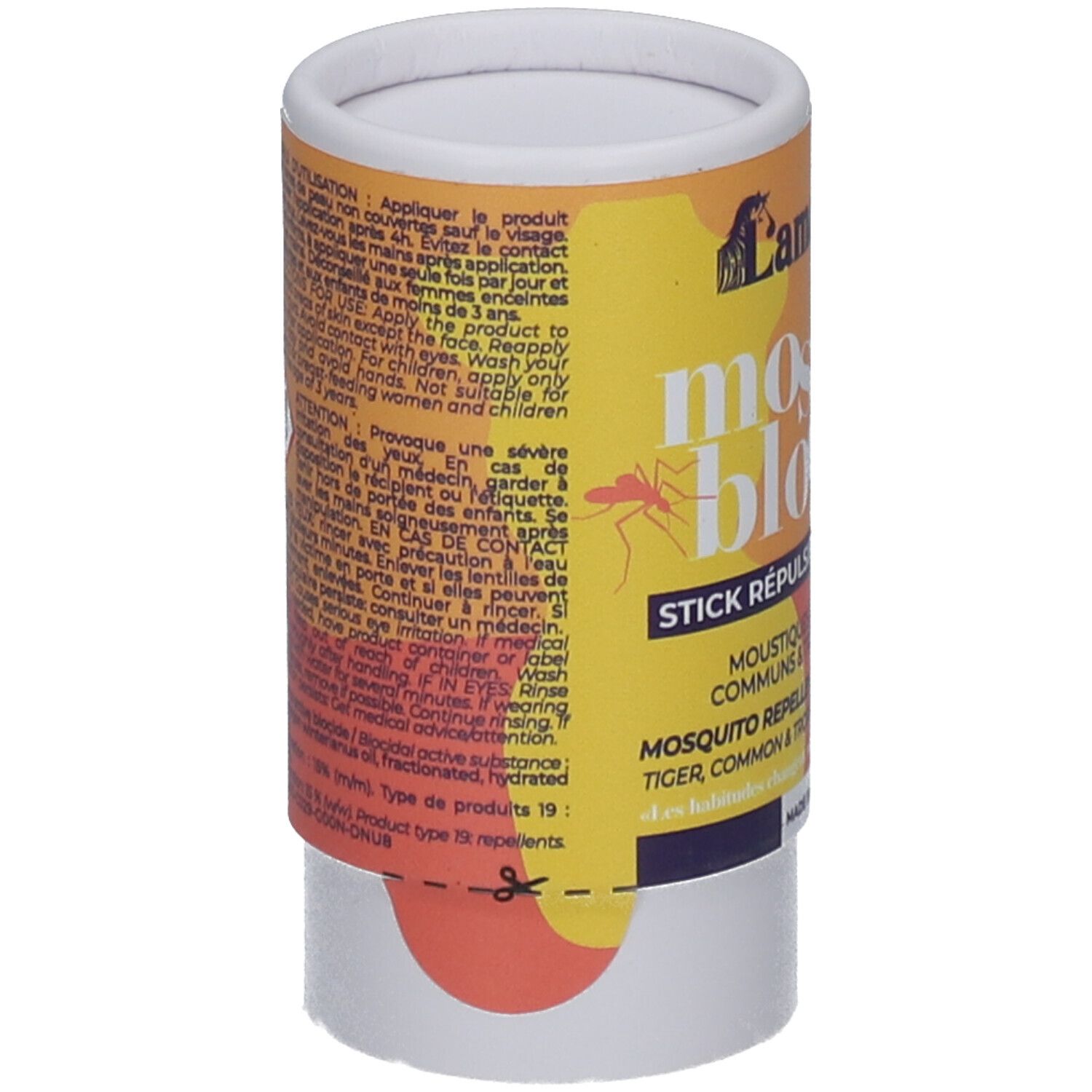 Emballage cylindrique avec texte en français. Contient des avertissements et des instructions d'utilisation. Avec des couleurs rouge, jaune et blanc.