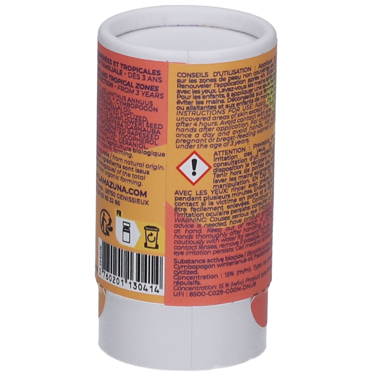 Dos de l'emballage cylindrique. Contient du texte en français et des informations sur les ingrédients. Avec des symboles d'avertissement et un code-barres.