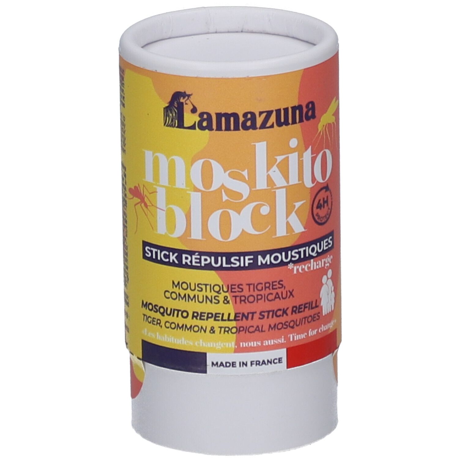 Emballage cylindrique avec nom de produit et de marque. Contient du texte en français et en anglais. Avec des couleurs rouge, jaune et blanc.