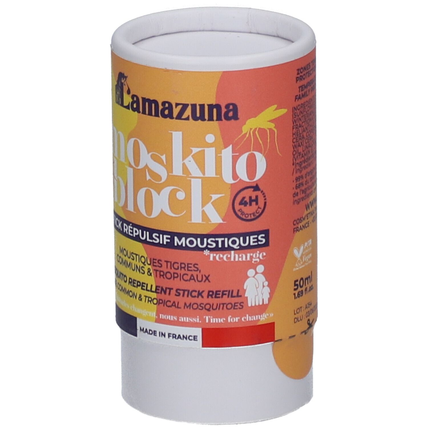 Emballage cylindrique avec nom de produit et de marque. Contient du texte en français et en anglais. Avec des couleurs rouge, jaune et blanc.