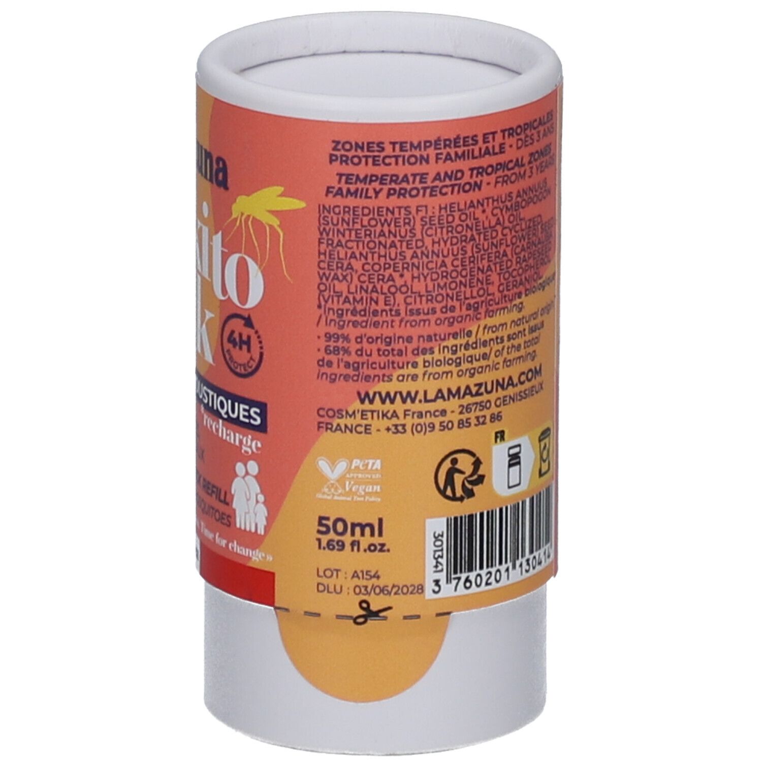 Dos de l'emballage cylindrique. Contient du texte en français et des informations sur les ingrédients. Avec des symboles d'avertissement et un code-barres.