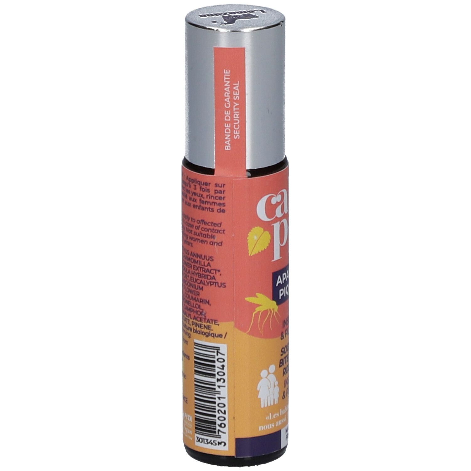 Roll-on fles met zilveren dop. Opschrift "Calm Pik". Bevat informatie en barcode. Met veiligheidsband.