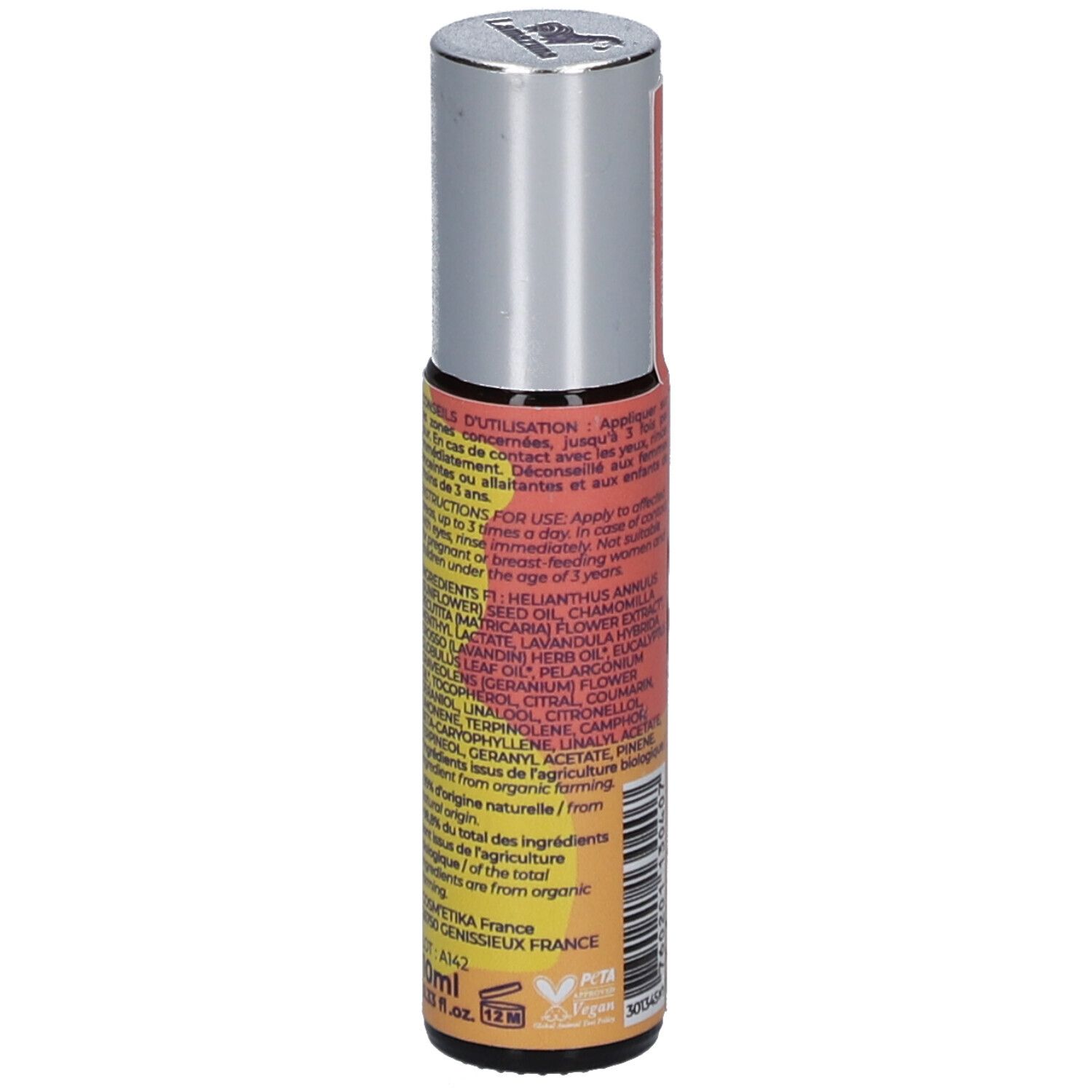 Roll-on fles met zilveren dop. Achterkant met tekst. Bevat ingrediënten en gebruiksaanwijzing. Met logo.