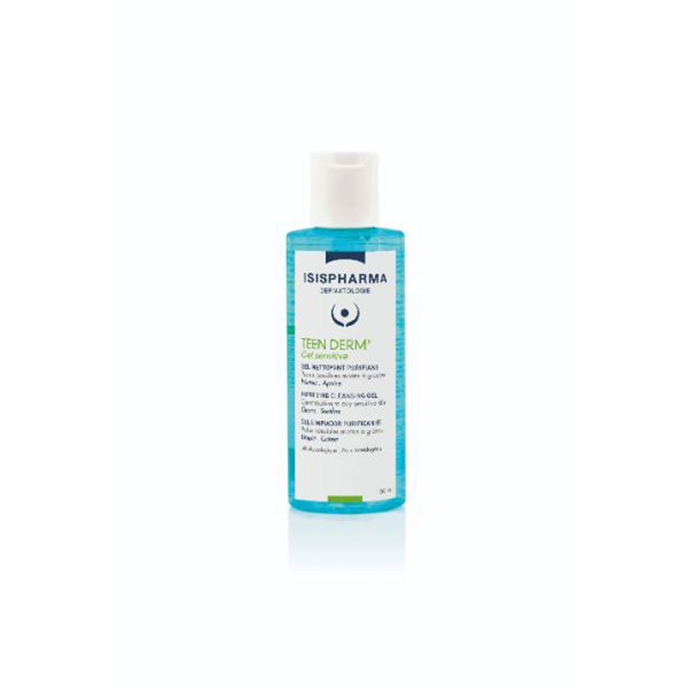 Blauwe fles met witte dop. Opschrift: ISISPHARMA, Teen Derm. Product voor de gevoelige huid.