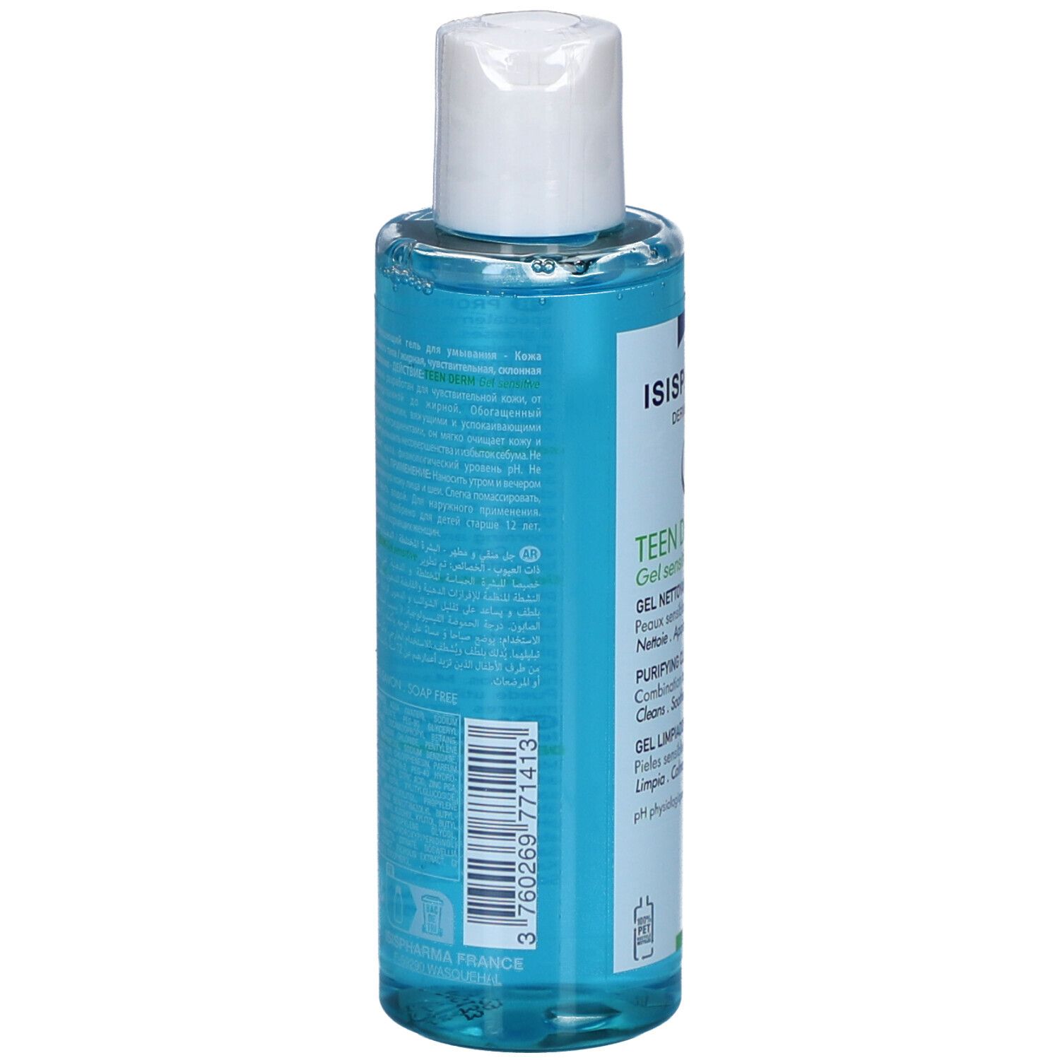 Achterkant van de blauwe fles met witte dop. Meertalige tekst. ISISPHARMA, Teen Derm.