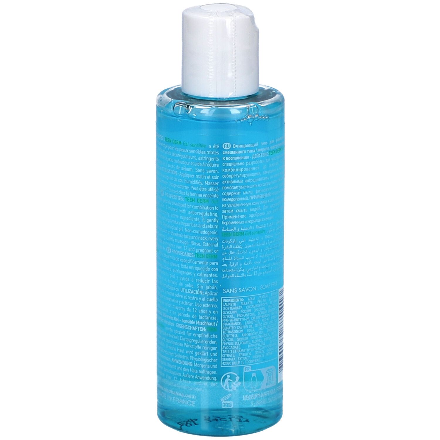 Achterkant van de blauwe fles met witte dop. Meertalige tekst. ISISPHARMA, Teen Derm.