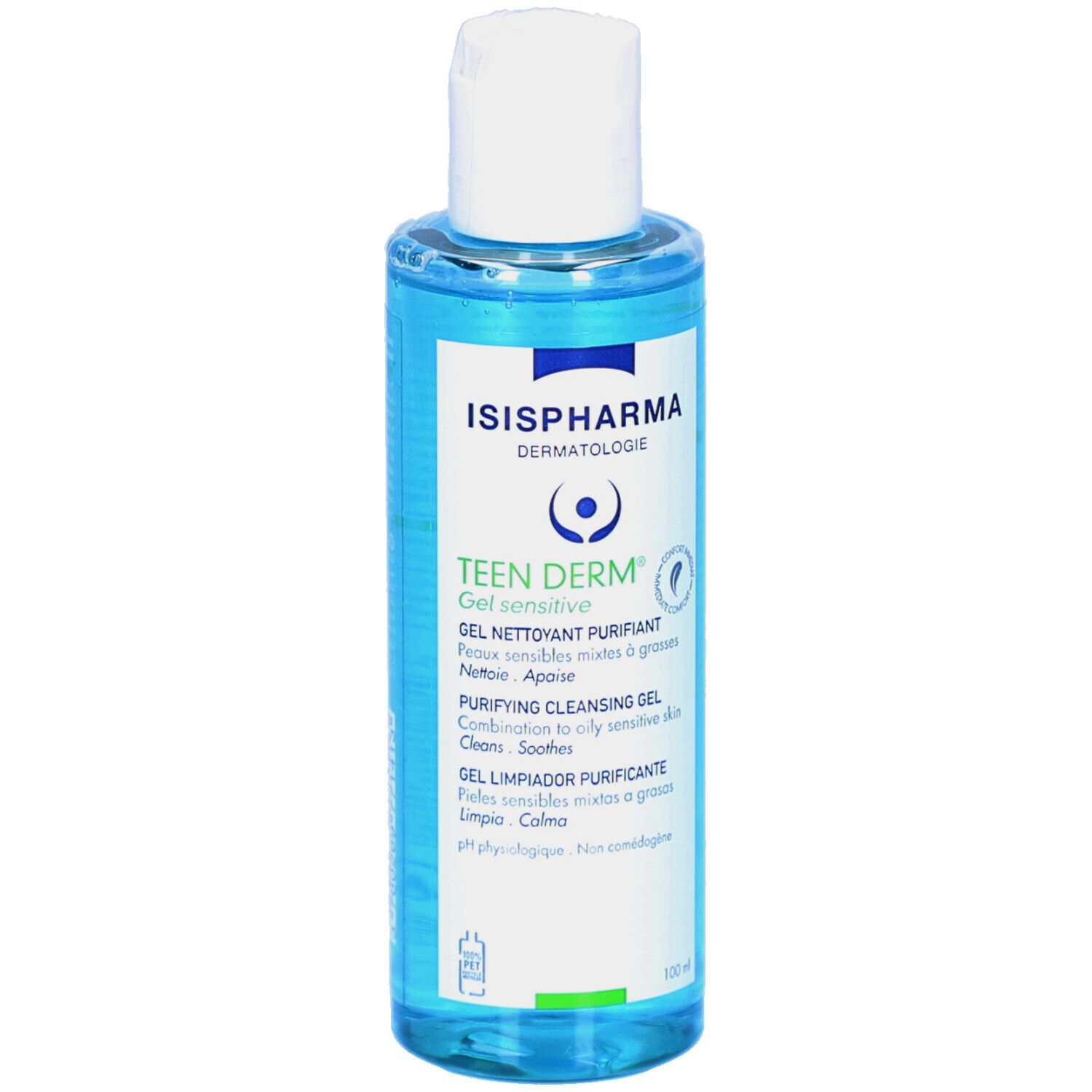 Blauwe fles met witte dop. Opschrift: ISISPHARMA, Teen Derm. Zuiverende reinigingsgel.