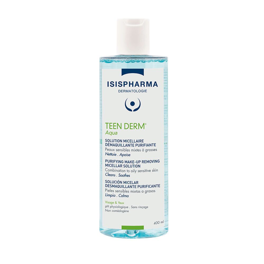 Transparante fles met witte dop. Opschrift: ISISPHARMA, Teen Derm Aqua. Productbeschrijving in meerdere talen.
