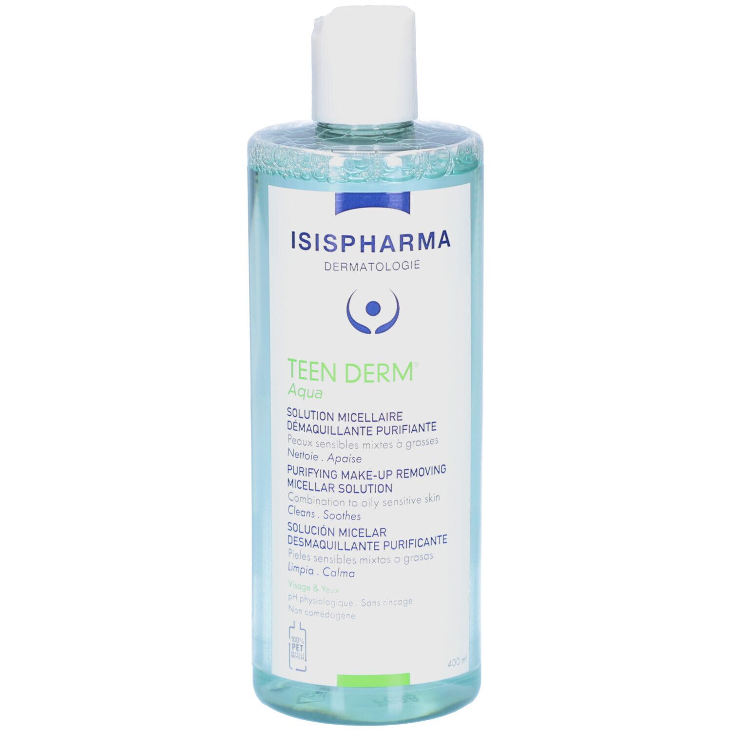 Transparante fles met witte dop. Opschrift: ISISPHARMA, Teen Derm Aqua. Productbeschrijving in meerdere talen.