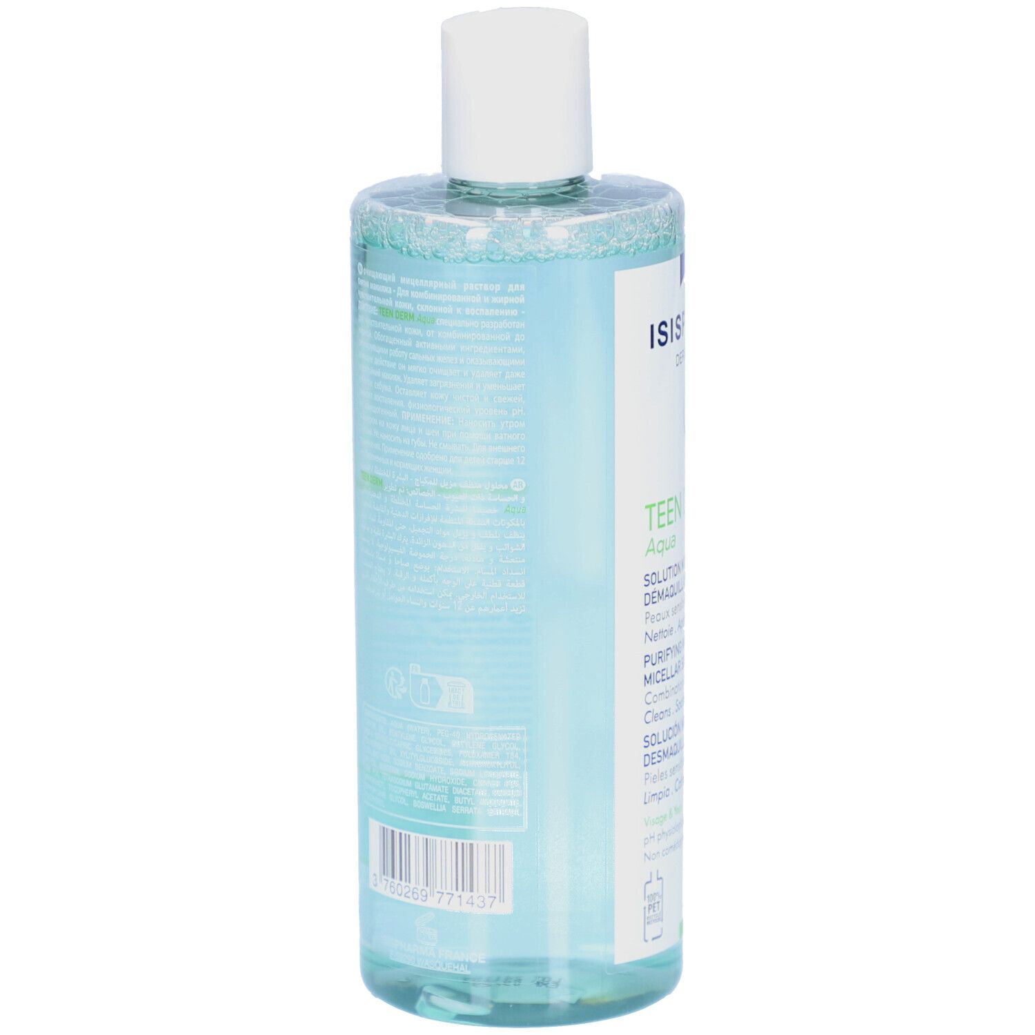 Achterkant van een transparante fles met witte dop. Tekst in meerdere talen. QR-code en barcode.