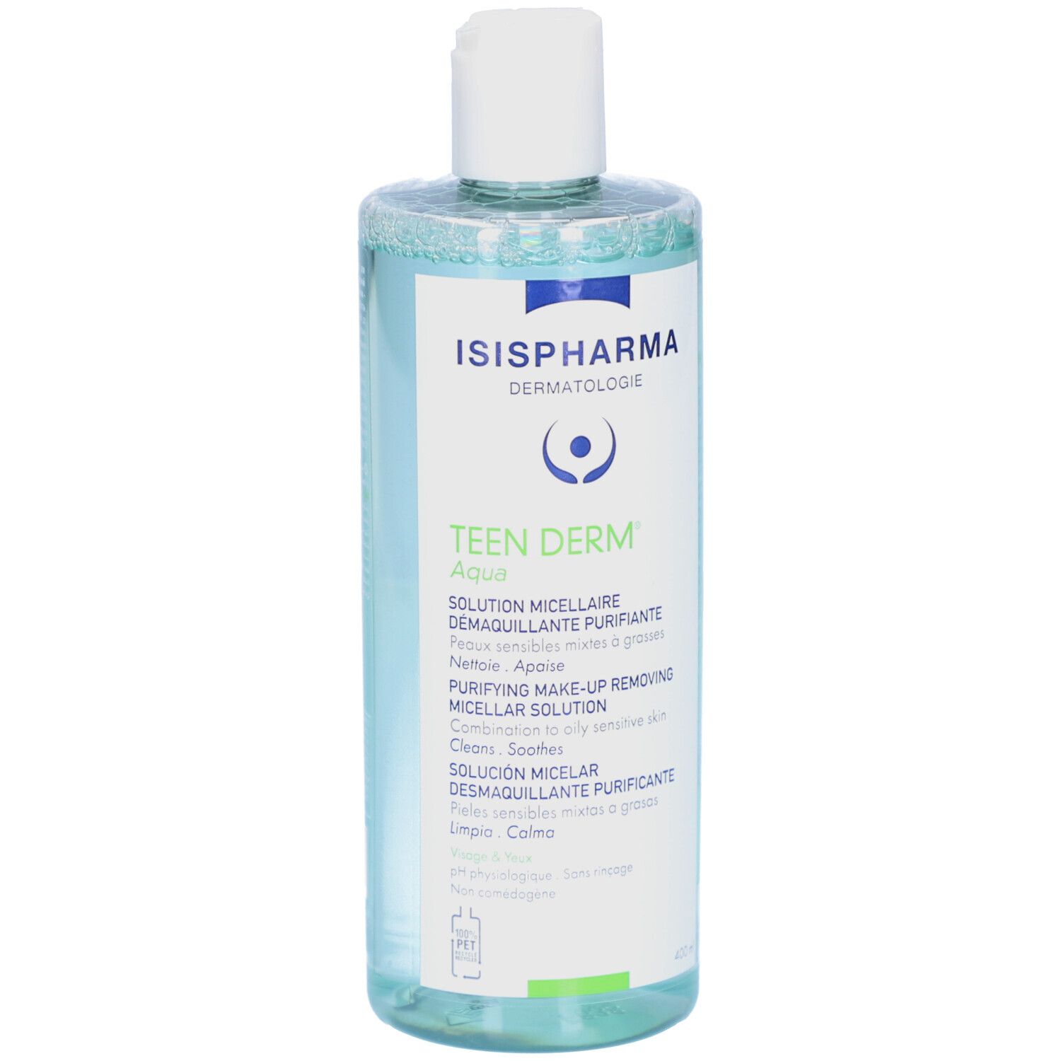 Transparante fles met witte dop. Opschrift: ISISPHARMA, Teen Derm Aqua. Productbeschrijving in meerdere talen.