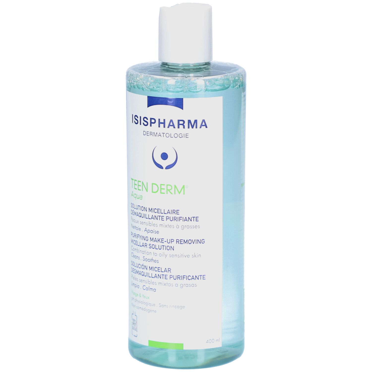 Transparante fles met witte dop. Opschrift: ISISPHARMA, Teen Derm Aqua. Productbeschrijving in meerdere talen.