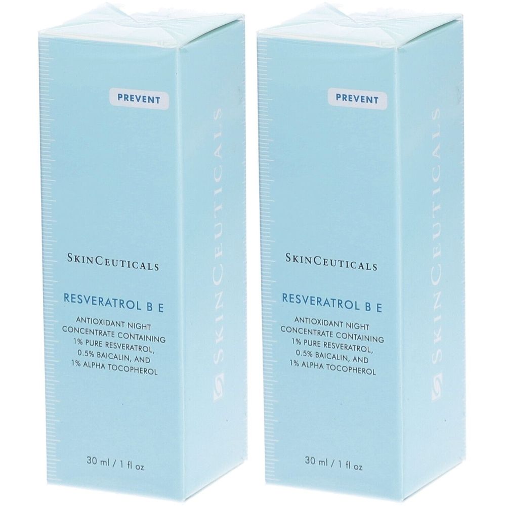 Deux boîtes bleu clair avec "PREVENT" et "SkinCeuticals Resveratrol B E". Contient 1% de resvératrol pur.