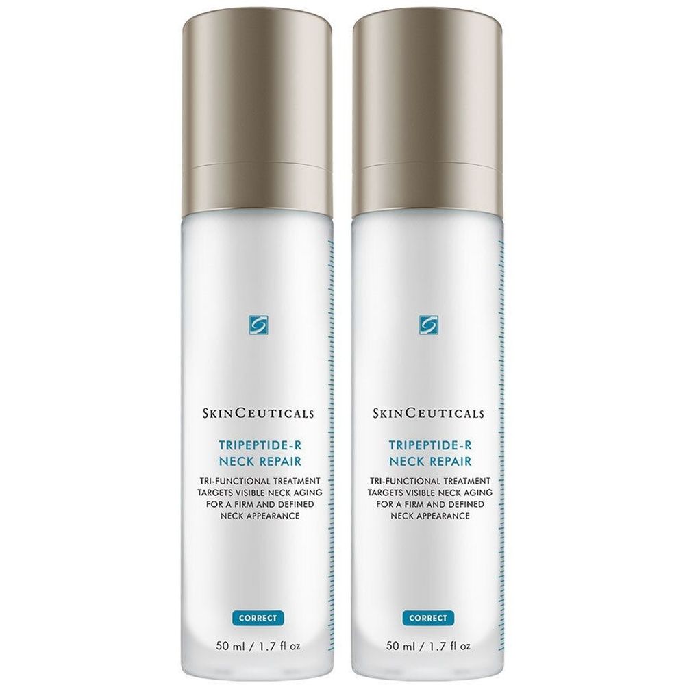 Deux flacons blancs avec bouchons argentés. Inscription: Tripeptide-R Neck Repair. Marque: SkinCeuticals. 50 ml.