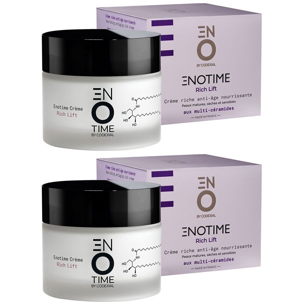 Deux pots de crème avec couvercles noirs et deux boîtes. Inscription : Enotime Rich Lift. Crème anti-âge aux multi-céramides.