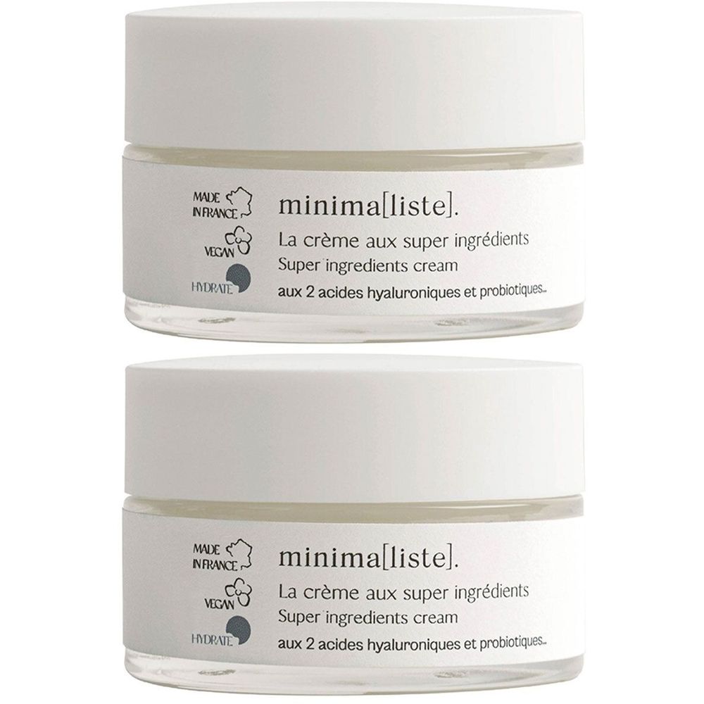 Twee crèmepotten met witte deksels en glazen potten. Opschrift: minima[liste]. La crème aux super ingrédients. Vegan-certificering.